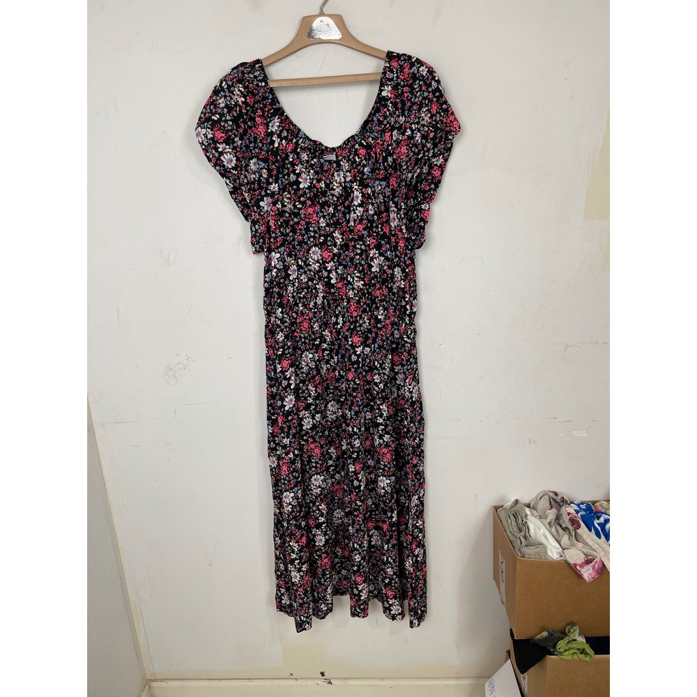 Gap Floral Smocked Waist‎ Midi Dress XXL Black Pink Blue Rayon Short Sleeve